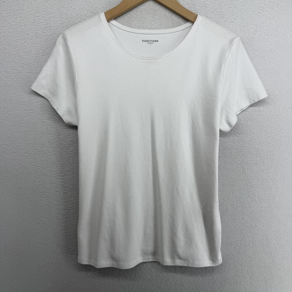 EILEEN FISHER Top L Organic Cotton Interlock Jersey Crew Neck Short Sleeve White